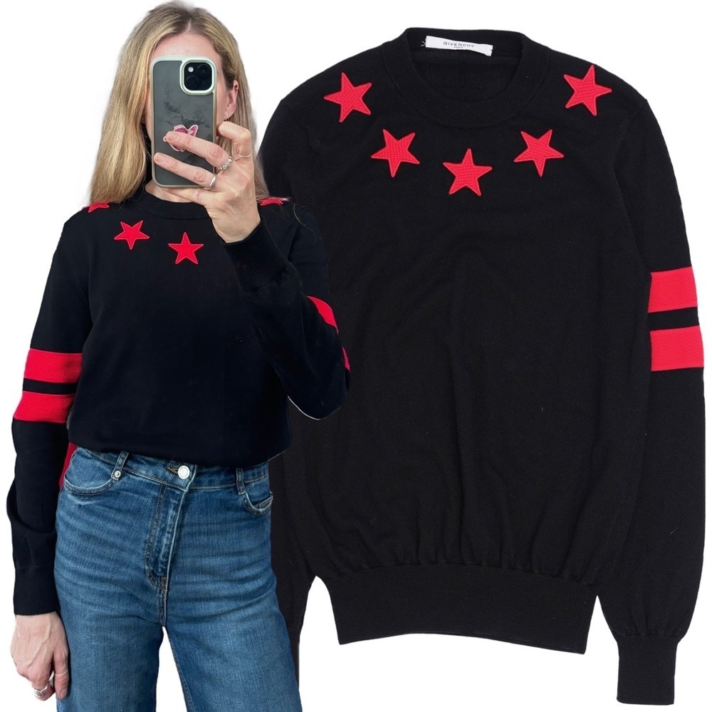 Givenchy Knit Black Red Stripe Star Ribbed Cotton Crewneck Ski Apres Sweater